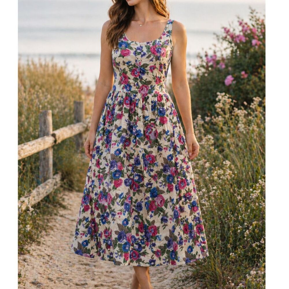 Vintage 90s Sea Wind Floral Cotton Dress M Pink Blue Cottagecore Romantic Midi